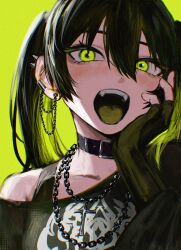 Rule 34 | 1girl, barbell piercing, belt buckle, buckle, chain, chinese commentary, collar, collarbone, commentary, fangs, fingerless gloves, gloves, green background, green eyes, green theme, grunge (genre), hair between eyes, hand on own face, highres, leather collar, looking at viewer, neon palette, off shoulder, open mouth, original, piercing, raberu ruru, solo, spike piercing, strap, twintails, upper body