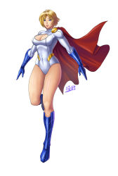 Rule 34 | 1girl, artist request, belt, blonde hair, blue eyes, blue footwear, blue gloves, boots, breasts, cape, cleavage, cleavage cutout, clothing cutout, dc comics, flying, full body, gloves, highres, kryptonian, leotard, looking at viewer, power girl, red cape, short hair, simple background
