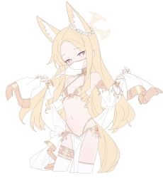 Rule 34 | 1girl, absurdres, animal ear fluff, animal ears, blonde hair, blue archive, blush, breasts, closed mouth, clothing request, cowboy shot, cropped legs, extra ears, fox ears, fox tail, harem outfit, highres, kokosando, long hair, looking at viewer, navel, seia (blue archive), simple background, small breasts, solo, tail, thighhighs, white background, white thighhighs, yellow eyes