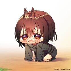 Rule 34 | 1girl, ant girl, antennae, arthropod girl, brown eyes, brown hair, chibi, commentary, commentary request, crying, crying with eyes open, dress, hair between eyes, harumina mau, highres, long sleeves, original, short hair, tears, twitter username