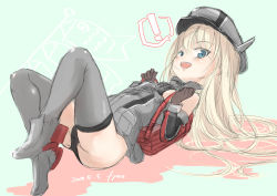 Rule 34 | !, 1girl, aged down, bismarck (kancolle), black panties, blonde hair, blue eyes, brown gloves, dress, elbow gloves, fyuo, gloves, grey dress, grey hat, grey thighhighs, hat, highres, kantai collection, military, military uniform, one-hour drawing challenge, panties, peaked cap, solo, spoken exclamation mark, thighhighs, underwear, uniform