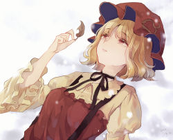 Rule 34 | 1girl, aki minoriko, arm up, black ribbon, blonde hair, dated, dress, expressionless, eyes visible through hair, hat, holding, holding leaf, juliet sleeves, layered dress, leaf, long sleeves, looking up, lying, m (neteitai10), mob cap, neck ribbon, on back, on ground, puffy sleeves, red eyes, ribbon, short hair, sketch, snow, snowing, solo, suspenders, touhou, upper body