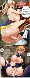 Rule 34 | 1boy, 2girls, absurdres, aftersex, akimyich, ass, blonde hair, blush, breasts, cum, curvy, dimaria yesta, english text, fairy tail, highres, hip focus, huge ass, large breasts, lucy heartfilia, multiple girls, natsu dragneel, navel, nipples, open mouth, pink hair, saliva, speech bubble, stomach, thick thighs, thighs, tongue, tongue out, torn clothes, uncensored, vaginal, wide hips