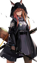 Rule 34 | 1girl, absurdres, animal ear fluff, animal ears, arknights, black coat, brown eyes, brown hair, chinese commentary, coat, cowboy shot, ears through headwear, fox ears, fox girl, fox tail, franka (arknights), grey shirt, grey skirt, hair between eyes, highres, holding, holding sword, holding weapon, hood, hood up, id card, infection monitor (arknights), legs apart, long hair, looking at viewer, open clothes, open coat, qianzhaojihuajipao, revision, scabbard, sheath, shirt, simple background, skirt, solo, standing, sword, tail, weapon, white background