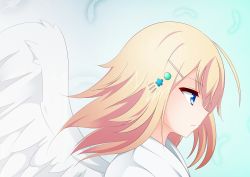 Rule 34 | 1girl, ahoge, angel, angel wings, aqua background, artist request, bad id, bad pixiv id, blonde hair, blue eyes, closed mouth, determined, feathers, from side, gabriel dropout, gradient background, hair ornament, hairclip, hairpin, highres, japanese clothes, kimono, long hair, looking ahead, looking to the side, portrait, serious, solo, struts, zelel tenma white, tsurime, white kimono, white wings, wings