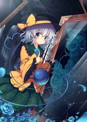 Rule 34 | 1girl, arch, blue rose, crack, different reflection, field, floral print, flower, flower field, hat, hat ribbon, heart, heart of string, highres, komeiji koishi, light rays, long sleeves, looking at viewer, mirror, petals, red rose, reflection, ribbon, rose, shirt, silver hair, skirt, solo, sunbeam, sunlight, teardrop, third eye, touhou, ugume, wide sleeves