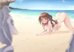 Rule 34 | 1girl, all fours, ass, back, beach, blurry, blurry foreground, blush, breasts, brown eyes, brown hair, closed mouth, completely nude, depth of field, fisheye, hanging breasts, highres, idolmaster, idolmaster cinderella girls, kazuma (kazumav), large breasts, long hair, looking at viewer, nipples, nude, ocean, one side up, public indecency, sand, shimamura uzuki, sky, tareme, top-down bottom-up