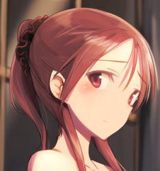 Rule 34 | 1girl, alternate hairstyle, bare shoulders, blush, long hair, lowres, minna-dietlinde wilcke, ponytail, portrait, red eyes, red hair, scrunchie, shimada fumikane, smile, solo, strike witches, world witches series