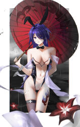 Rule 34 | 1girl, absurdres, acheron (honkai: star rail), alternate costume, animal ears, arm behind back, asymmetrical legwear, bare shoulders, black bow, black bowtie, black thighhighs, bow, bowtie, breasts, cleavage, collar, commentary, covered navel, detached collar, eyes visible through hair, fake animal ears, flower, hair intakes, hair ornament, hair over one eye, highleg, highleg leotard, highres, holding, holding umbrella, honkai: star rail, honkai (series), large breasts, leg tattoo, leotard, looking at viewer, lucien tube, oil-paper umbrella, parted lips, playboy bunny, purple eyes, purple hair, purple leotard, rabbit ears, rain, red flower, see-through, see-through leotard, skindentation, solo, strapless, strapless leotard, tattoo, thighhighs, thighs, two-tone leotard, umbrella, white collar, white leotard, white wrist cuffs, wrist cuffs