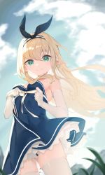 Rule 34 | 1girl, armpits, bare shoulders, black ribbon, blonde hair, blue dress, copyright request, dress, elbow gloves, gloves, green eyes, hair ribbon, highres, long hair, looking at viewer, mishuo (misuo69421), pointy ears, ribbon, sky, smile, solo, strapless, strapless dress, thighhighs, white gloves, white thighhighs
