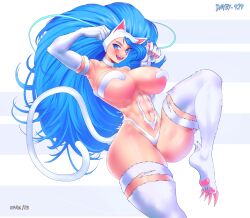Rule 34 | 1girl, abs, absurdres, animal ears, arms up, artist name, blue eyes, blue hair, blush, breasts, cat ears, cat girl, cat tail, claws, dayby, felicia (vampire), foot out of frame, from side, highres, huge breasts, jumping, knee up, long hair, looking at viewer, looking to the side, muscular, muscular female, revealing clothes, simple background, slit pupils, smile, solo, tail, teeth, thick thighs, thighs, upper teeth only, vampire (game), white background, wide hips