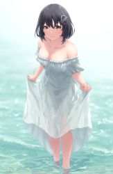 Rule 34 | 1girl, alternate costume, black hair, breasts, brown eyes, clothes lift, dress, dress lift, haguro (kancolle), hair ornament, highres, i-coat, kantai collection, large breasts, lifting own clothes, long dress, short hair, skirt hold, smile, solo, standing, wading, white dress