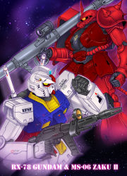 Rule 34 | bazooka (gundam), beam rifle, character name, clenched hand, commentary, energy gun, english commentary, flying, gun, gundam, highres, holding, holding gun, holding weapon, john r, looking up, mecha, mobile suit gundam, motion blur, no humans, one-eyed, orange eyes, robot, rx-78-2, science fiction, space, v-fin, weapon, yellow eyes, zaku ii s char custom, zeon