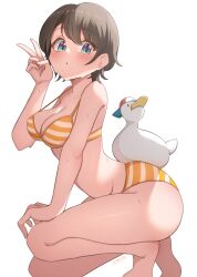 Rule 34 | 1girl, artist name, bikini, blue eyes, blush, breasts, brown hair, commentary, dated, hashira 14, highres, hololive, long hair, medium breasts, oozora subaru, oozora subaru (hololive summer 2019), orange bikini, short hair, simple background, solo, squatting, striped bikini, striped clothes, subaru duck, sweat, swimsuit, v, virtual youtuber, white background