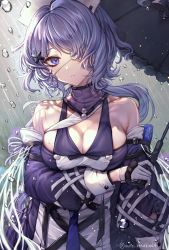 Rule 34 | 1girl, arknights, arm under breasts, bare shoulders, black dress, blue eyes, breasts, cleavage, collarbone, commentary request, dress, eyepatch, gloves, hair ornament, hair over one eye, highres, holding, holding umbrella, large breasts, long hair, long sleeves, looking at viewer, nyamaso, purple hair, rain, solo, twitter username, umbrella, upper body, water drop, whisperain (arknights), white gloves, white headwear, x hair ornament