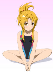 Rule 34 | 1girl, barefoot, blonde hair, brown eyes, butterfly sitting, competition swimsuit, contemporary, hands on feet, highres, hoshino sora, indian style, oda nobuna, oda nobuna no yabou, one-piece swimsuit, sitting, swimsuit