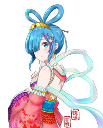 Rule 34 | 1girl, alternate costume, alternate hairstyle, bare shoulders, blue eyes, blue hair, breasts, chang&#039;e, chinese clothes, commentary request, detached sleeves, dress, earrings, flower knot, frilled sleeves, frills, hair ornament, hand up, highres, jewelry, looking at viewer, medium breasts, mid-autumn festival, pink dress, pink sleeves, re:zero kara hajimeru isekai seikatsu, rem (re:zero), short hair, simple background, solo, translation request, wei miao, white background, x hair ornament