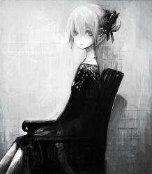 Rule 34 | 1girl, from side, grey theme, greyscale, hair ribbon, looking at viewer, monochrome, original, portrait, ribbon, sitting, solo, toi (number8)