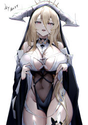 Rule 34 | 1girl, absurdres, azur lane, bare shoulders, blonde hair, breasts, covered navel, cowboy shot, habit, hair between eyes, halo, highres, horns, implacable (azur lane), large breasts, liuyun baihua, long hair, long sleeves, looking at viewer, nun, open mouth, pelvic curtain, red eyes, revealing clothes, simple background, solo, thighhighs, veil, white background, wide sleeves