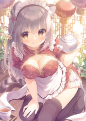 Rule 34 | 1girl, :q, animal ear fluff, animal ears, apron, black thighhighs, breasts, brown dress, brown eyes, china dress, chinese clothes, cleavage, closed mouth, commentary request, cup, dress, frilled apron, frills, grey hair, hair between eyes, hair bobbles, hair ornament, hand up, holding, holding teapot, looking at viewer, maid, maid headdress, medium breasts, no shoes, original, puffy short sleeves, puffy sleeves, qi maid, short sleeves, smile, solo, striped tail, tail, teacup, teapot, thighhighs, tongue, tongue out, tray, two side up, white apron, wooden floor, yukie (peach candy)