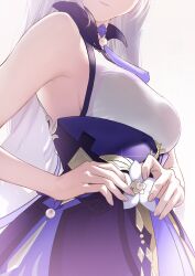 Rule 34 | 1girl, absurdres, adjusting clothes, armpits, bare shoulders, breasts, chinese clothes, choker, dress, dressing, fingernails, flower ornament, from side, genshin impact, grey hair, highres, keqing (genshin impact), kokuusinsin, lips, long hair, medium breasts, neck tassel, parted lips, purple choker, purple dress, sideboob, sleeveless, sleeveless dress, solo, upper body, white background
