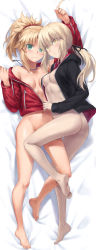 Rule 34 | 2girls, areola slip, artoria pendragon (all), artoria pendragon (fate), ass, barefoot, black jacket, black ribbon, blonde hair, blush, bottomless, braid, breasts, bred jacket, collarbone, fate/apocrypha, fate/grand order, fate (series), feet, french braid, green eyes, hair ornament, hair scrunchie, highres, jacket, jewelry, legs, long hair, long sleeves, looking at viewer, low ponytail, medium breasts, mordred (fate), mordred (memories at trifas) (fate), mother and daughter, multiple girls, navel, necklace, parted bangs, ponytail, ribbon, saber alter, saber alter (ver. shinjuku 1999) (fate), scrunchie, sidelocks, small breasts, soles, toes, tonee, yellow eyes
