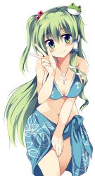 Rule 34 | 1girl, alternate hairstyle, bikini, bikini top only, blue bikini, blush, breasts, cleavage, cross, cross necklace, frog hair ornament, green eyes, green hair, hair bobbles, hair ornament, hair tubes, highres, jewelry, kochiya sanae, long hair, looking at viewer, matching hair/eyes, maturiuta sorato, medium breasts, navel, necklace, pendant, sarong, side ponytail, simple background, smile, snake hair ornament, solo, swimsuit, touhou, v, white background