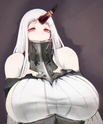 Rule 34 | 1girl, absurdres, areola slip, armor, arms at sides, bare shoulders, breasts, colored skin, dress, eyelashes, furrowed brow, highres, horns, huge breasts, kantai collection, large areolae, long hair, looking at viewer, parted lips, red eyes, ribbed dress, seaport princess, shibori kasu, single horn, solo, sweater, sweater dress, upper body, very long hair, white skin