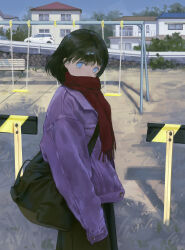 Rule 34 | 1girl, absurdres, black bag, black hair, blue eyes, car, commentary request, covered mouth, cowboy shot, highres, house, jacket, looking at viewer, mahosame, motor vehicle, original, outdoors, park, purple jacket, red scarf, scarf, short hair, sleeves past fingers, sleeves past wrists, solo, swing, swing set