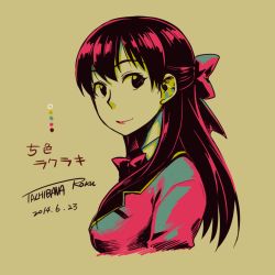 Rule 34 | 1girl, bow, closed mouth, color guide, copyright request, dated, from side, jacket, long hair, looking at viewer, looking to the side, signature, simple background, smile, solo, tachibana roku, upper body, yellow background