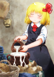 Rule 34 | 1girl, basket, black skirt, black vest, blonde hair, blush, bread, closed eyes, commentary request, expressionless, fine art parody, food, gradient background, grey background, hair ribbon, highres, jug (bottle), long sleeves, matty (zuwzi), milk, overflowing, parody, pouring, red neckwear, ribbon, rumia, shirt, short hair, skirt, sleeves rolled up, solo, standing, table, the milkmaid, touhou, vest, white shirt