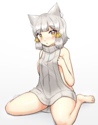 Rule 34 | 1girl, alten, animal ear fluff, animal ears, artist name, bare shoulders, barefoot, blush, bow, cat ears, cat girl, commentary, english commentary, full body, grey hair, hair bow, highres, looking at viewer, meme attire, nia (xenoblade), open mouth, short hair, simple background, sleeveless, solo, striped, sweater, vertical stripes, virgin killer sweater, white background, white sweater, xenoblade chronicles (series), xenoblade chronicles 2, yellow bow, yellow eyes