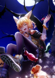 Rule 34 | 1girl, :d, animal ears, arknights, bandages, black cape, black footwear, black headwear, black pantyhose, braid, branch, candy, cape, closed eyes, food, full moon, hair between eyes, hair ornament, halloween, halloween costume, highres, kroos (arknights), kroos (the mag) (arknights), medium hair, meng xiao jiong, moon, night, night sky, official alternate costume, one eye covered, open mouth, orange hair, orange shirt, outdoors, pantyhose, polo shirt, pumpkin, rabbit ears, rabbit girl, sarashi, shirt, shoe soles, shoes, skull hair ornament, sky, smile, sneakers, solo, sparkle, trick or treat