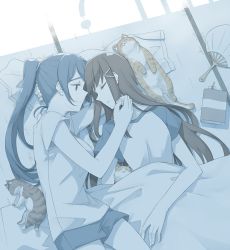 Rule 34 | 2girls, animal, black hair, blanket, blue eyes, blue hair, cat, closed eyes, hair ornament, hairclip, hand fan, hand on another&#039;s chin, hand on another&#039;s face, kurosawa dia, long hair, looking at another, love live!, love live! school idol project, love live! sunshine!!, lying, matsuura kanan, multiple girls, muted color, on back, on side, paper fan, ponytail, sakuraba yuuki, shirt, shorts, sleeping, smile, t-shirt, tatami, touching another&#039;s chin, uchiwa, under covers, yuri