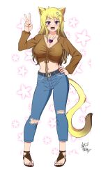 Rule 34 | 1girl, 2023, absurdres, animal ear fluff, animal ears, belt, black belt, blonde hair, blue pants, blush, breasts, brown footwear, brown shirt, cat ears, cat girl, cat tail, choker, cleavage, collarbone, denim, feet, flower, folk-dude-philip, full body, gem, gesture, grin, hair ornament, heart, heart hair ornament, highres, hippie, jeans, jewelry, legs, long hair, long sleeves, looking at viewer, medium breasts, nail polish, navel, necklace, open mouth, pants, peace symbol, pendant, plant, purple choker, purple gemstone, purple nails, sandals, shirt, shoes, simple background, smile, solo, standing, stomach, tail, thighs, toeless footwear, toenail polish, toenails, toes, torn clothes, torn jeans, torn pants, v, white background
