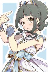 Rule 34 | 1girl, \m/, aqua bow, aqua nails, blunt bangs, blush, border, bow, brown eyes, commentary request, dress, from side, fujii tomo, gold choker, gold trim, green hair, hair bow, hands up, high ponytail, highres, idolmaster, idolmaster cinderella girls, imay3927, looking at viewer, looking to the side, multiple bracelets, off-shoulder dress, off shoulder, outline, outside border, parted lips, sidelocks, simple background, single wrist cuff, solo, upper body, waist bow, wavy hair, white border, white bow, white dress, white outline, wrist cuffs