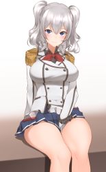 1girl arm_at_side between_legs blue_eyes blue_skirt blush breasts brown_background closed_mouth collared_shirt covered_navel epaulettes female_focus frilled_sleeves frills gloves gradient_background hair_between_eyes hand_between_legs hechi_(hechi322) jacket kantai_collection kashima_(kancolle) large_breasts long_sleeves looking_at_viewer military_jacket miniskirt neck_ribbon no_headwear pleated_skirt red_ribbon ribbon shirt short_hair silver_hair sitting skirt smile solo thighs twintails wavy_hair white_gloves wing_collar