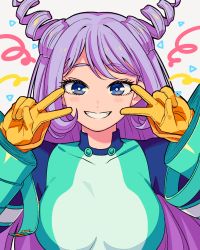 Rule 34 | 1girl, blue eyes, blush, boku no hero academia, breasts, collarbone, double v, gloves, hadou nejire, hand on own face, large breasts, long hair, looking at viewer, mommorua, purple hair, simple background, smile, solo, v, white background