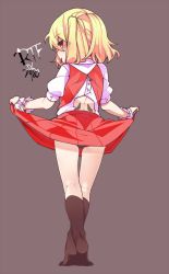 Rule 34 | 1girl, bad id, bad twitter id, black panties, blonde hair, clothes lift, flandre scarlet, full body, lifting own clothes, looking at viewer, miniskirt, panties, pantyshot, puffy short sleeves, puffy sleeves, red eyes, red skirt, shamo (koumakantv), short sleeves, simple background, skirt, skirt lift, skirt set, solo, standing, tongue, tongue out, touhou, underwear, vest, wrist cuffs