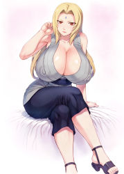 Rule 34 | 1girl, arm support, bad id, bad twitter id, bare shoulders, bed, blonde hair, breasts, brown eyes, cleavage, commentary, covered erect nipples, crossed legs, hair intakes, high heels, highres, huge breasts, light smile, long hair, looking at viewer, mogudan, naruto, naruto (series), sitting, skirt, solo, tsunade (naruto)