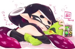 Rule 34 | 1girl, alcohol, black hair, black shirt, blush, bubble, callie (splatoon), can, character doll, commentary, drink can, drunk, facing viewer, gradient hair, heart, highres, holding, holding stuffed toy, hugging object, inkling, long hair, lying, marie (splatoon), mole, mole under eye, multicolored hair, nintendo, off shoulder, okome 2g2g, on stomach, parted lips, pointy ears, purple hair, shirt, short sleeves, sleeping, smile, soda can, solo, splatoon (series), splatoon 1, squid, stuffed animal, stuffed squid, stuffed toy, tentacles, translated, twitter username, watermark