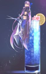 Rule 34 | 1girl, absurdly long hair, armored boots, black jacket, blue background, blue eyes, blue ribbon, blush, boots, breasts, closed mouth, cropped jacket, cup, drinking glass, fate/extra, fate/extra ccc, fate (series), flower, food, fruit, gradient background, hair ribbon, highres, jacket, lemon, lemon slice, licking lips, long hair, long sleeves, looking at viewer, meltryllis (fate), mentaiko mamire, navel, oversized object, prosthesis, prosthetic leg, purple hair, revision, ribbon, sitting, sleeves past fingers, sleeves past wrists, small breasts, smile, tongue, tongue out, very long hair