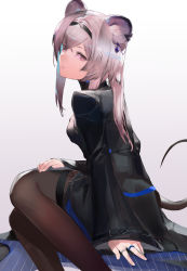 Rule 34 | 1girl, animal ears, arknights, blazpu, dress, highres, jewelry, lin (arknights), long hair, looking at viewer, mouse ears, mouse girl, mouse tail, pantyhose, pink hair, purple eyes, ring, sitting, solo, tail, white background