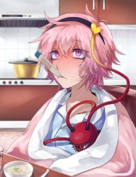 Rule 34 | 1girl, blanket, blondy (ldlong), commentary request, cup, digital thermometer, fever, food, hair between eyes, heart, heart of string, highres, komeiji satori, pot, short hair, sick, solo, soup, sweat, thermometer, third eye, touhou