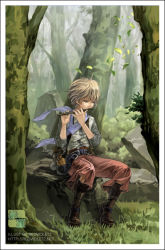Rule 34 | 1boy, belt, boots, brown hair, fantasy, flute, forest, grass, instrument, leaf, male focus, nature, outdoors, redviolet2, scarf, solo, tree, wind