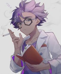 Rule 34 | !, 1boy, book, breast pocket, cigarette, closed mouth, coat, commentary request, creatures (company), fingernails, frown, game freak, glasses, highres, holding, holding book, holding cigarette, jacq (pokemon), looking at viewer, male focus, nintendo, open clothes, open coat, pocket, pokemon, pokemon sv, purple hair, purple shirt, shirt, short hair, sioinari 03, smoke, smoking, solo, striped clothes, striped shirt, upper body
