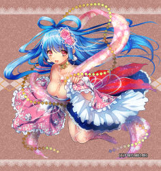 Rule 34 | 1girl, barefoot, blue hair, blush, breasts, character request, cleavage, dress, earrings, flower, fuji minako, hair rings, japanese clothes, jewelry, long hair, long sleeves, lots of jewelry, necklace, open mouth, pearl necklace, red eyes, shell, smile, solo, unmei no clan battle