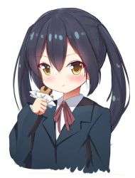 Rule 34 | 1girl, black hair, closed mouth, food, k-on!, looking at viewer, nakano azusa, non-web source, qkracho (thesdroz), school uniform, solo, yellow eyes