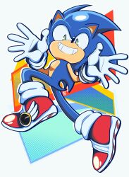 Rule 34 | 1boy, animal ears, blue fur, commentary, english commentary, full body, furry, furry male, gloves, green eyes, hedgehog ears, hedgehog tail, highres, male focus, red footwear, san la vraie, shoes, smile, solo, sonic (series), sonic the hedgehog, tail, teeth, white gloves
