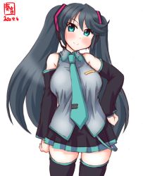 Rule 34 | 1girl, aqua necktie, artist logo, black hair, black skirt, black thighhighs, blue eyes, boots, breasts, commentary request, cosplay, cowboy shot, dated, detached sleeves, hairstyle connection, hatsune miku, hatsune miku (cosplay), headphones, headset, highres, isuzu (kancolle), kanon (kurogane knights), kantai collection, large breasts, long hair, looking at viewer, necktie, simple background, skirt, sleeveless, smile, solo, thigh boots, thighhighs, twintails, very long hair, vocaloid, white background